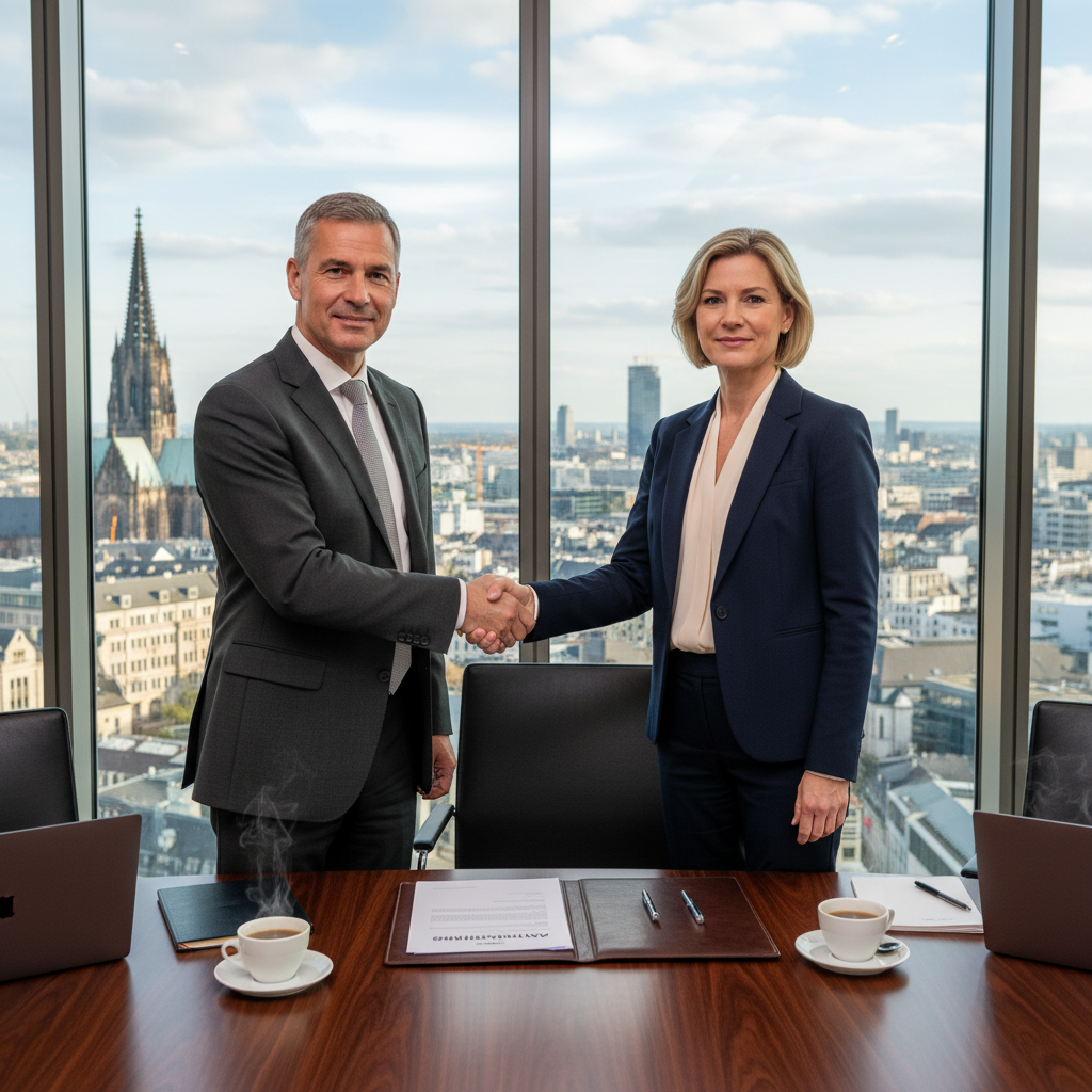 A photorealistic image of two professional business partners shaking hands in a modern German office, symbolizing partnership and agreement in a company context, with subtle German elements like a flag or Berlin skyline in the background, conveying trust and collaboration without showing any legal documents.