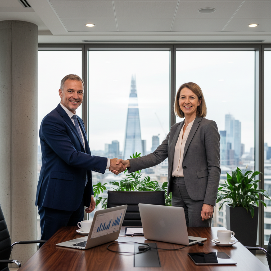 A photorealistic image depicting two professional adults in a modern UK office setting, shaking hands over a conference table with subtle business charts in the background, symbolizing partnership and collaboration in a limited liability context. No legal documents visible. No children present.