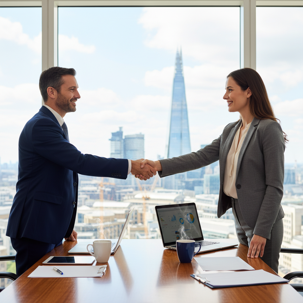 A photorealistic image of two professional adults in a modern UK office setting, shaking hands over a conference table with laptops and business documents in the background, symbolizing partnership and collaboration in a business agreement. The scene conveys trust, professionalism, and legal compliance without focusing on any specific document.