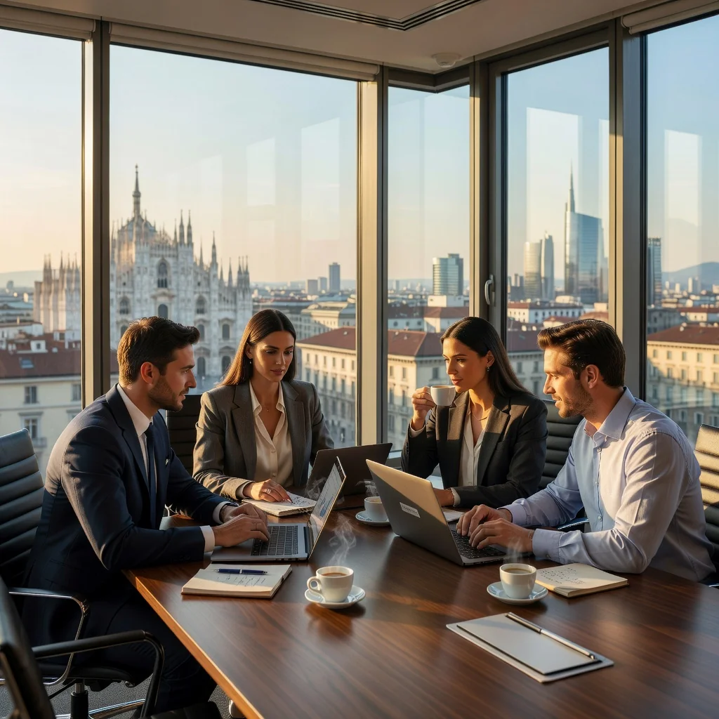 A photorealistic image representing the concept of a shareholders' agreement in Italy, showing a group of diverse adult business professionals in a modern conference room in an Italian city, engaged in a serious discussion around a table with laptops and coffee cups, symbolizing partnership and collaboration among shareholders, no legal documents visible, vibrant Italian atmosphere with subtle cityscape view.