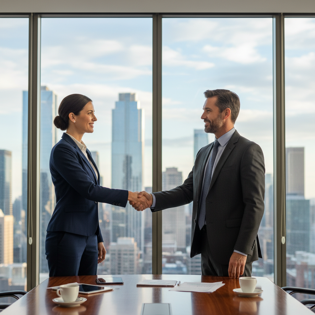 A photorealistic image of two professional business partners in a modern office, shaking hands firmly across a conference table, symbolizing trust, collaboration, and partnership agreement. The scene conveys success and mutual understanding in a business context, with natural lighting and realistic details.