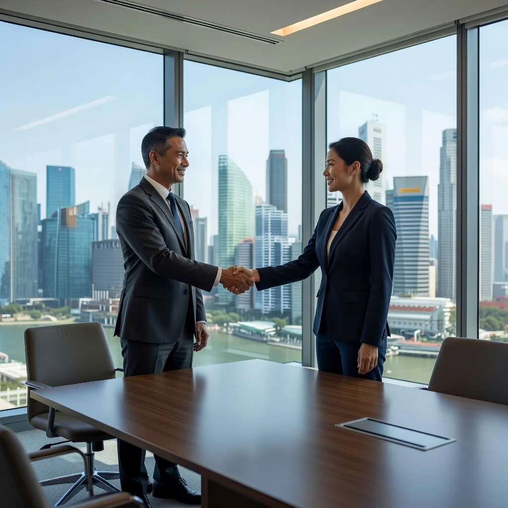 A photorealistic image of two professional business partners in a modern Singapore office, shaking hands over a conference table, symbolizing agreement and collaboration in business ownership, with a city skyline view in the background to represent Singapore's business environment. No children or legal documents visible.