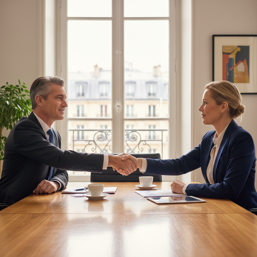 A photorealistic image of two professional adults shaking hands across a conference table in a modern French office, symbolizing partnership and agreement in a business context, with subtle French elements like a window view of the Eiffel Tower in the background. No children or legal documents visible.