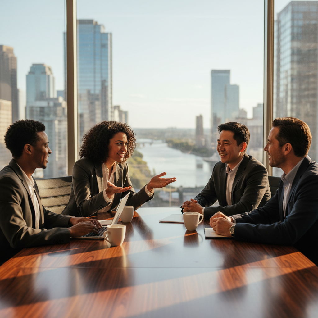 A photorealistic image of a diverse group of adult business professionals in a modern conference room, engaged in a serious discussion around a table, symbolizing partnership and collaboration in a business venture, with handshakes or gestures of agreement, no documents visible, emphasizing trust and mutual commitment among associates.