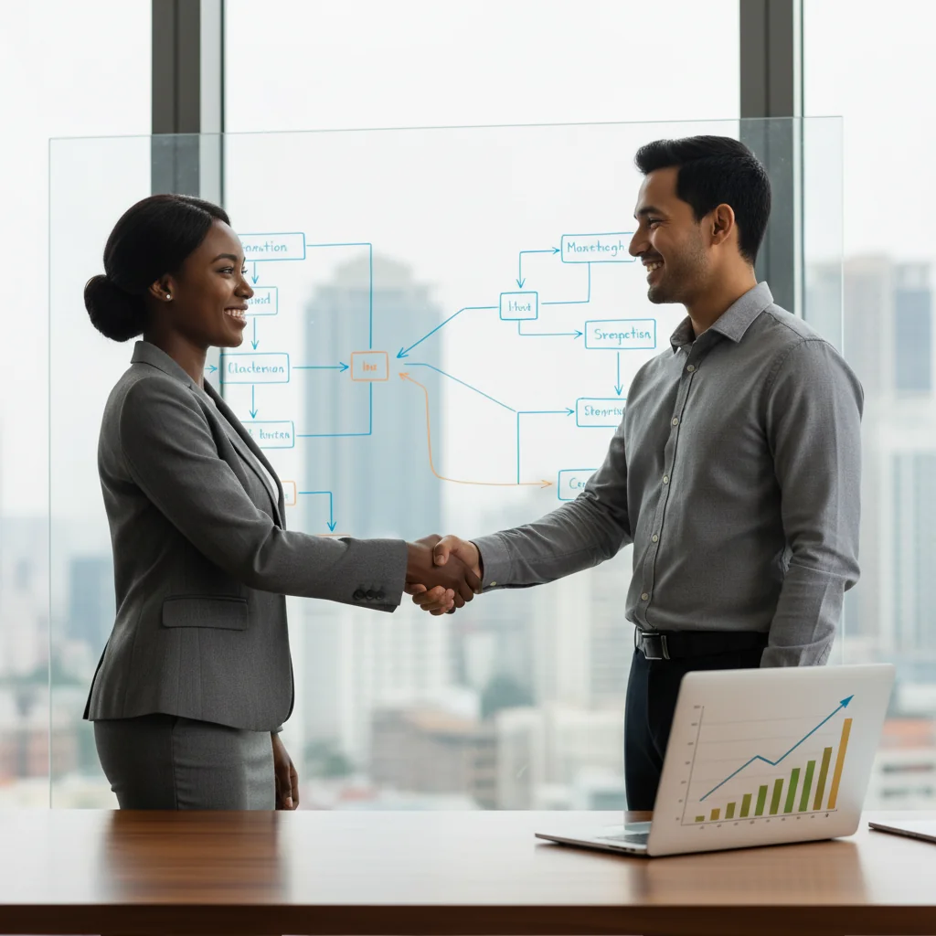 A professional scene symbolizing business formation and partnership, featuring two entrepreneurs shaking hands in a modern office setting with elements like a whiteboard showing business plans and a laptop, evoking trust, collaboration, and legal structure without showing any documents.