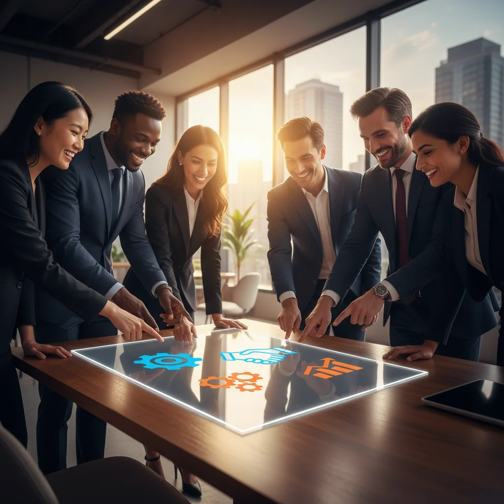 A professional team of business partners in a modern office setting, discussing and collaborating around a table with laptops and charts, symbolizing the importance of clear agreements in business operations to avoid common pitfalls.
