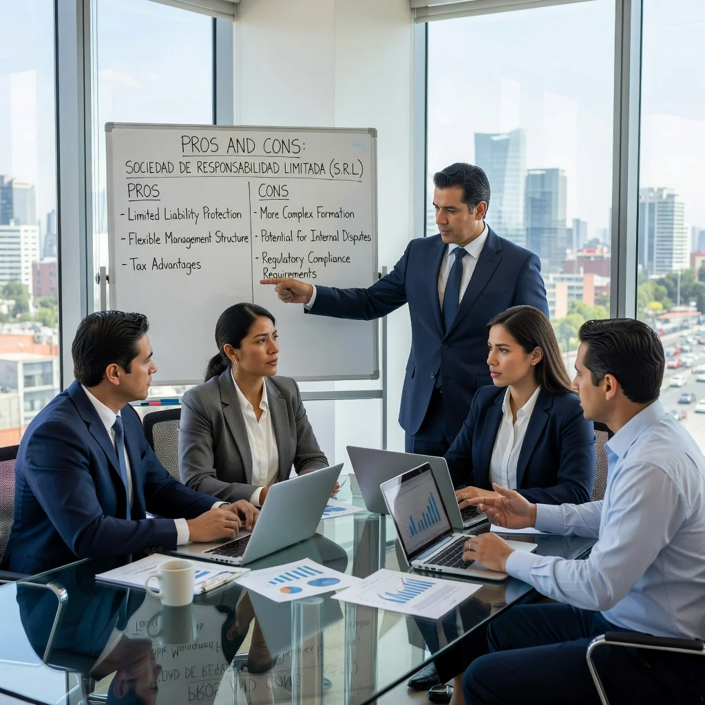 A photorealistic image representing the advantages and disadvantages of a Limited Liability Company in Mexico, showing a diverse group of professional adults in a modern Mexican office setting, discussing business strategies around a conference table with city skyline view, symbolizing balanced decision-making in business formation.