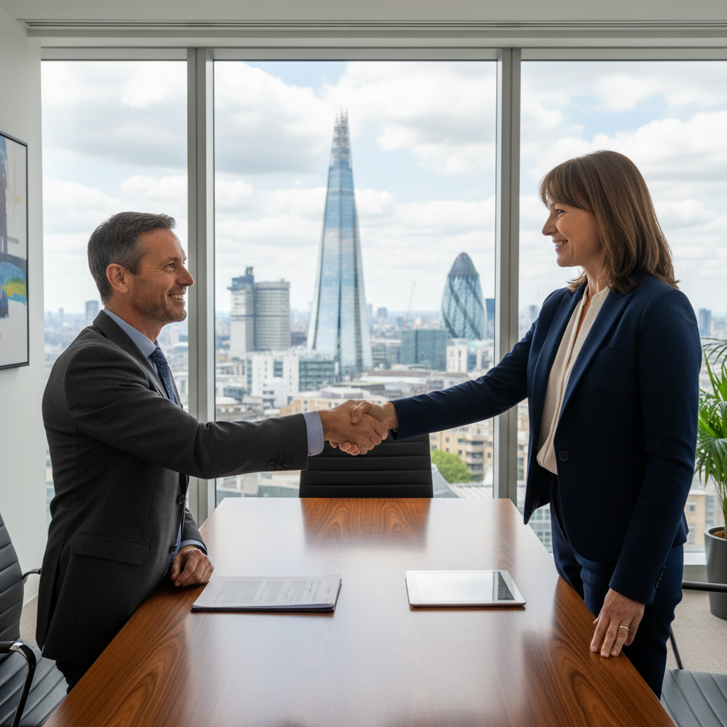 A photorealistic image of two professional adults in a modern UK office, shaking hands over a conference table with city skyline view, symbolizing partnership and business collaboration for an LLP agreement.