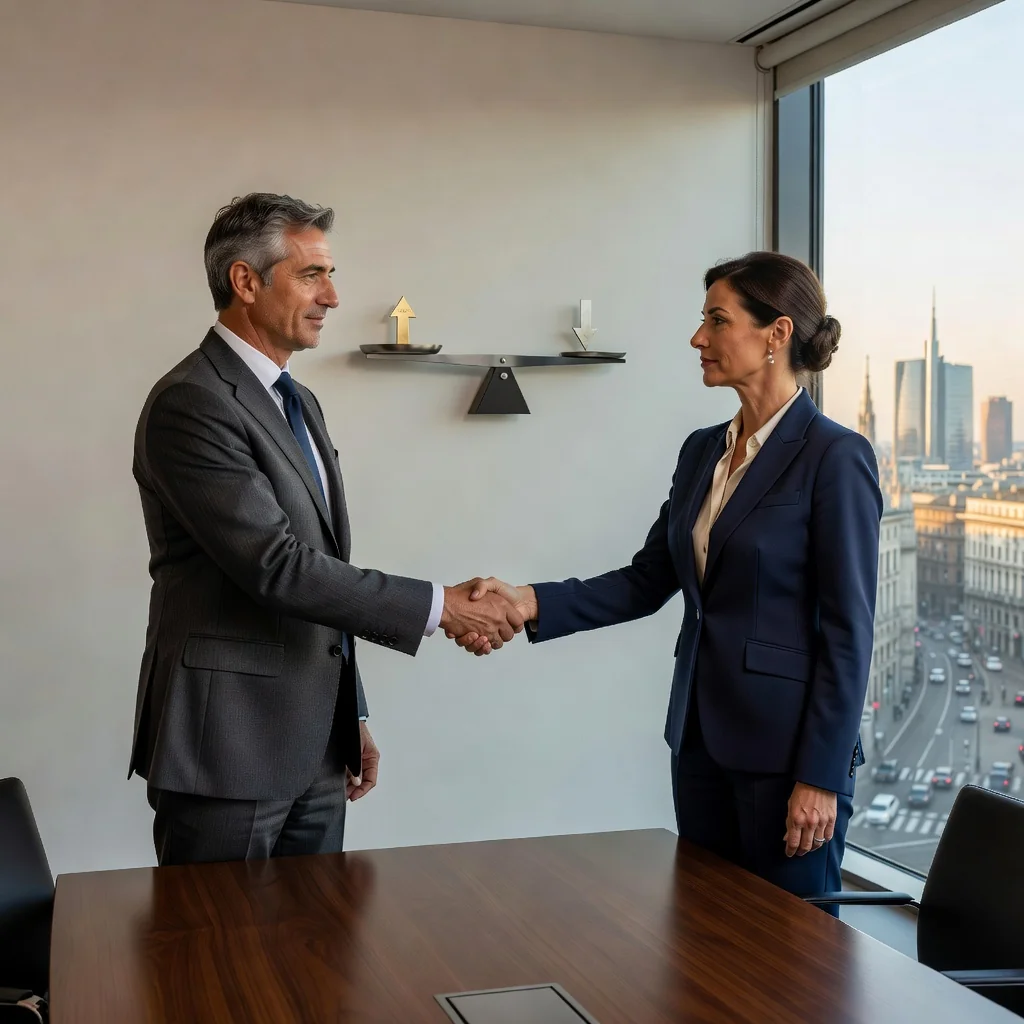 A photorealistic image symbolizing the advantages and risks of parasocial pacts in Italian companies, depicting two Italian business professionals in a modern office shaking hands over a deal, with subtle elements like a balance scale in the background to represent benefits and potential pitfalls, evoking trust and caution in corporate partnerships.