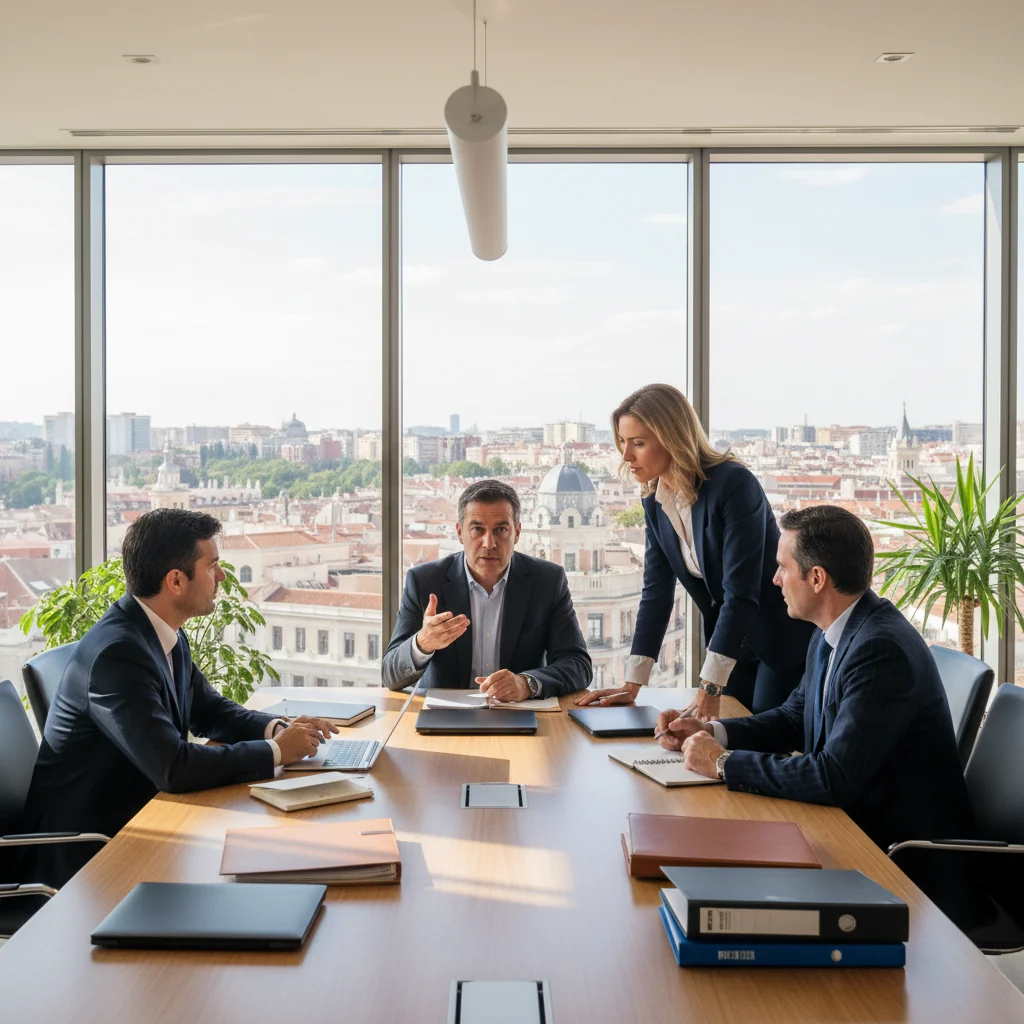 A photorealistic image of a professional business meeting in a modern Spanish office, with adults discussing corporate documents around a conference table, symbolizing the establishment and governance of a company through social statutes. The atmosphere is collaborative and formal, with elements like a Spanish flag or Madrid skyline in the background to evoke Spain. No children are present in the image.