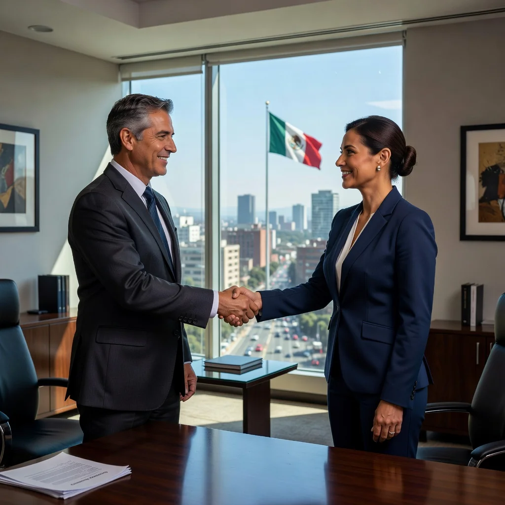 A photorealistic image of two professional adults shaking hands in a modern Mexican office setting, symbolizing the formation of a business partnership for a limited liability company, with subtle Mexican cultural elements like a flag or cityscape in the background, conveying trust and collaboration in entrepreneurship.