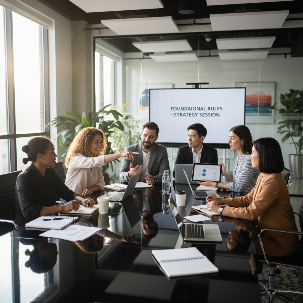 A photorealistic image of a professional business team in a modern office setting, collaboratively discussing company structure and governance around a conference table, symbolizing the establishment of corporate bylaws for a new enterprise. No children are present in the image.