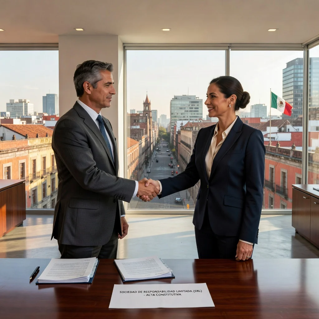 A photorealistic image of two professional adults in a modern Mexican office, shaking hands over a business agreement, symbolizing the formation of an SRL company, with subtle Mexican cultural elements like a flag or architecture in the background. No children are present. The image focuses on partnership and legal business setup without showing any documents.