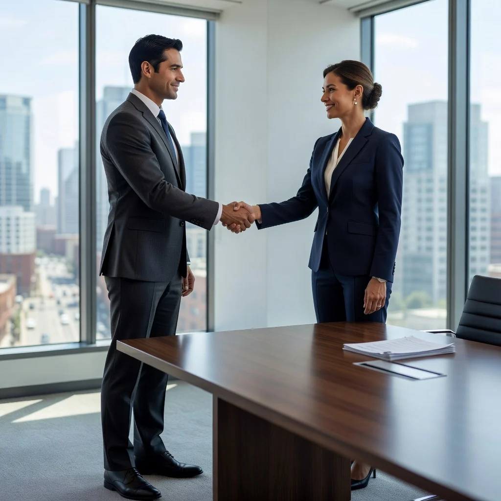 A photorealistic image depicting two adult business professionals in a modern office, shaking hands firmly across a conference table to symbolize a successful agreement and partnership, with subtle legal documents in the background but not the focus. The atmosphere is professional and confident, emphasizing trust and collaboration in a business context.