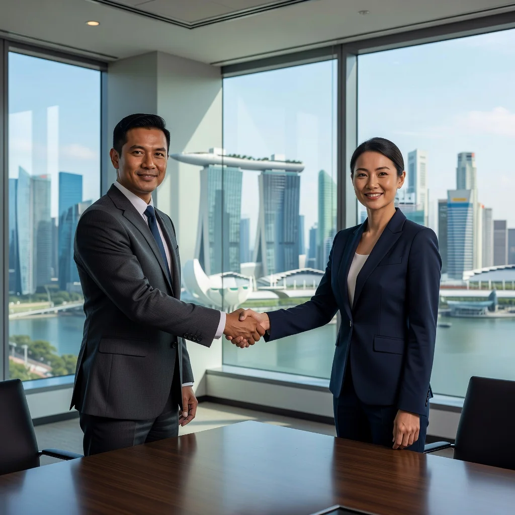 A photorealistic image of two professional business partners in a modern Singapore office, shaking hands over a conference table, symbolizing successful agreement and partnership in a shareholders' context, with a city skyline view of Singapore in the background to represent the local business environment.