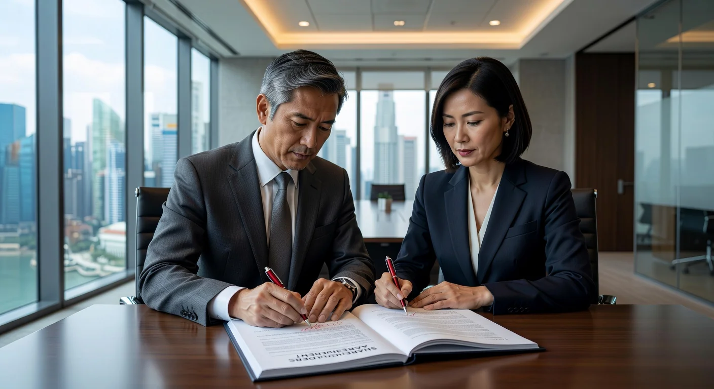 Business professionals reviewing agreement
