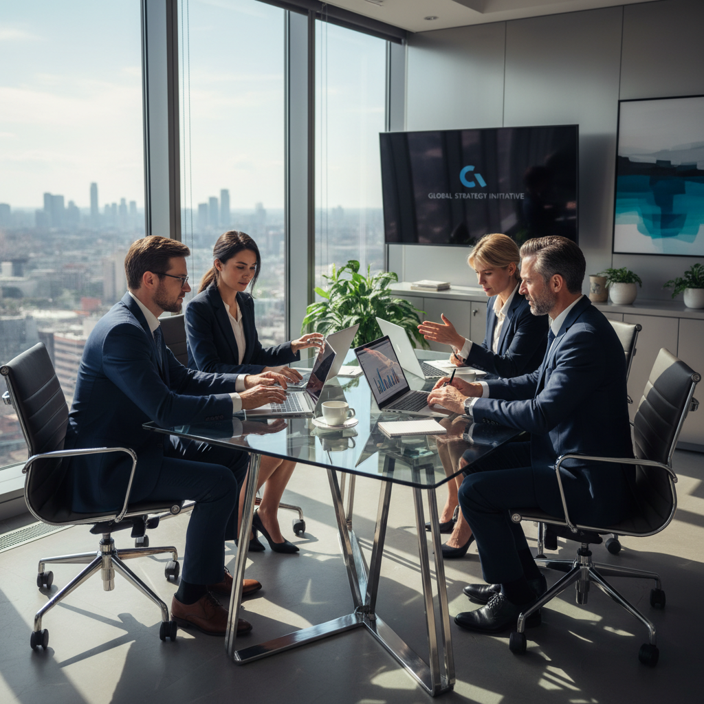 A photorealistic image of a professional business meeting in a modern office, where a diverse group of adult executives are discussing company strategies around a conference table with laptops and charts, symbolizing the establishment and governance of a limited liability company without focusing on any legal documents.