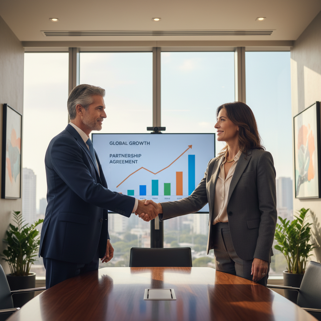 A photorealistic image depicting two professional adults in a modern conference room, shaking hands over a business deal, symbolizing the partnership and agreement in a shareholders' contract. The setting includes subtle business elements like charts on a screen in the background, conveying trust and collaboration in a corporate context.