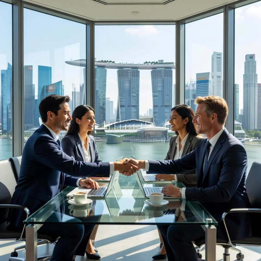 A photorealistic image depicting a professional business meeting in a modern Singapore office, where diverse adult business professionals are shaking hands over a conference table, symbolizing partnership and agreement in a corporate setting, with elements like the Singapore skyline visible through large windows to emphasize the local context.