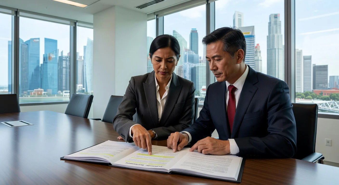 Business professionals reviewing shareholder agreement