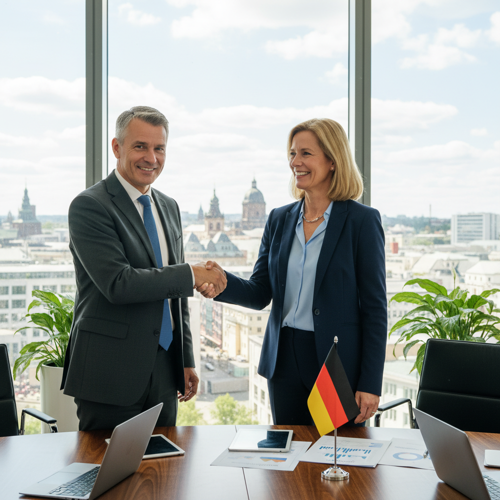 A photorealistic image of two professional adults in a modern German office setting, shaking hands over a conference table with a subtle German flag in the background, symbolizing a business partnership agreement without showing any documents.