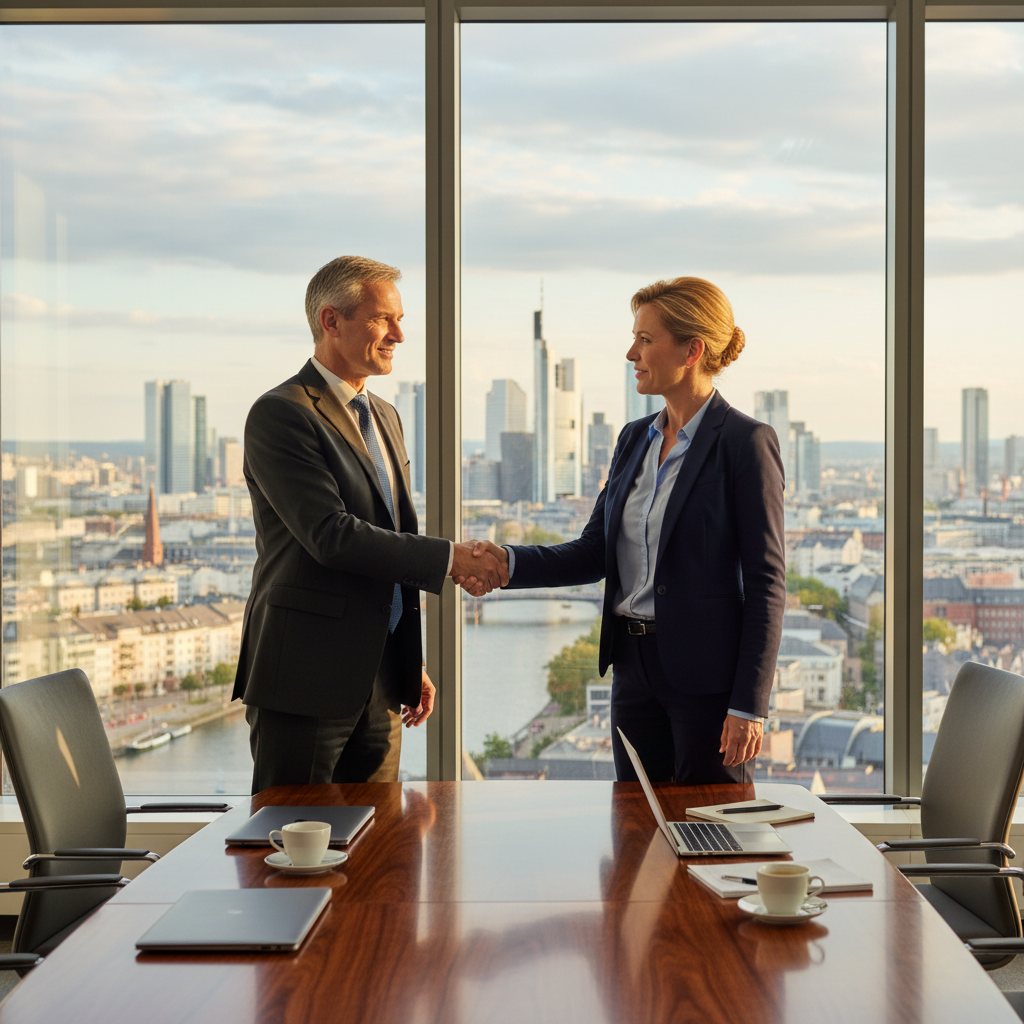A professional business meeting in a modern German office, with adults shaking hands over a table, symbolizing partnership agreements in a Gesellschaftervertrag, evoking trust and collaboration in a corporate setting.