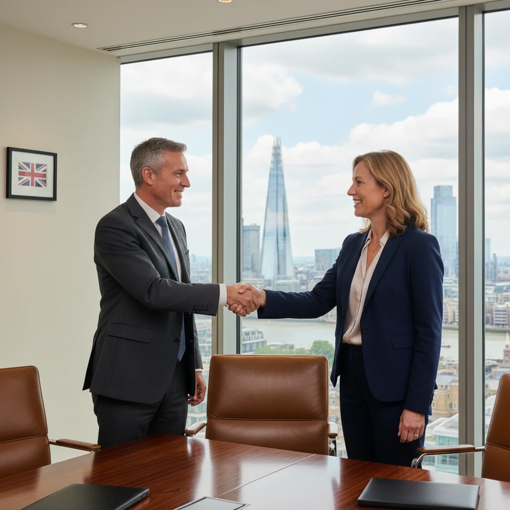 A photorealistic image of two professional adults in a modern UK office setting, shaking hands over a conference table to symbolize partnership and business collaboration, with subtle British elements like a Union Jack flag in the background, conveying trust and legal agreement without showing any documents.