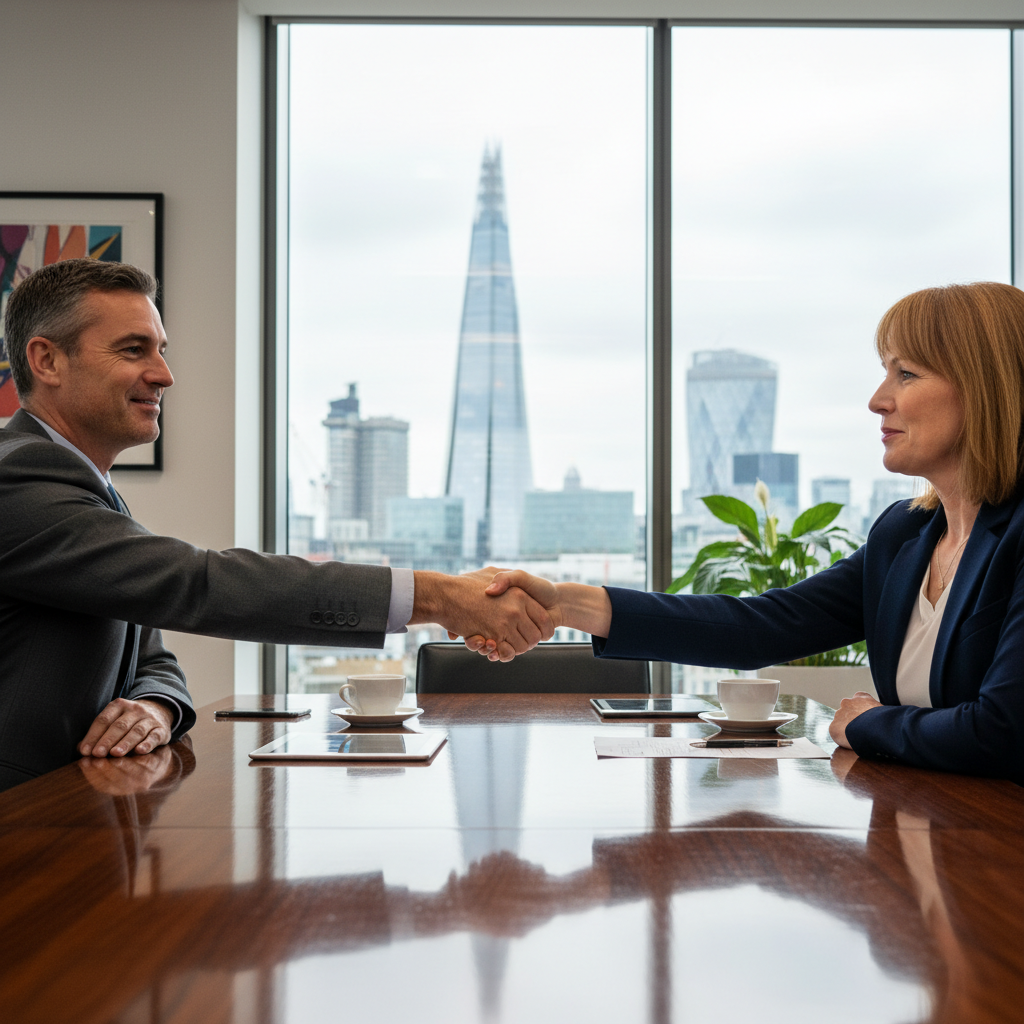 A professional hero image depicting two business partners shaking hands in a modern UK office setting, symbolizing partnership and collaboration under a Limited Liability Partnership Agreement. The scene conveys trust, agreement, and business growth in the United Kingdom.