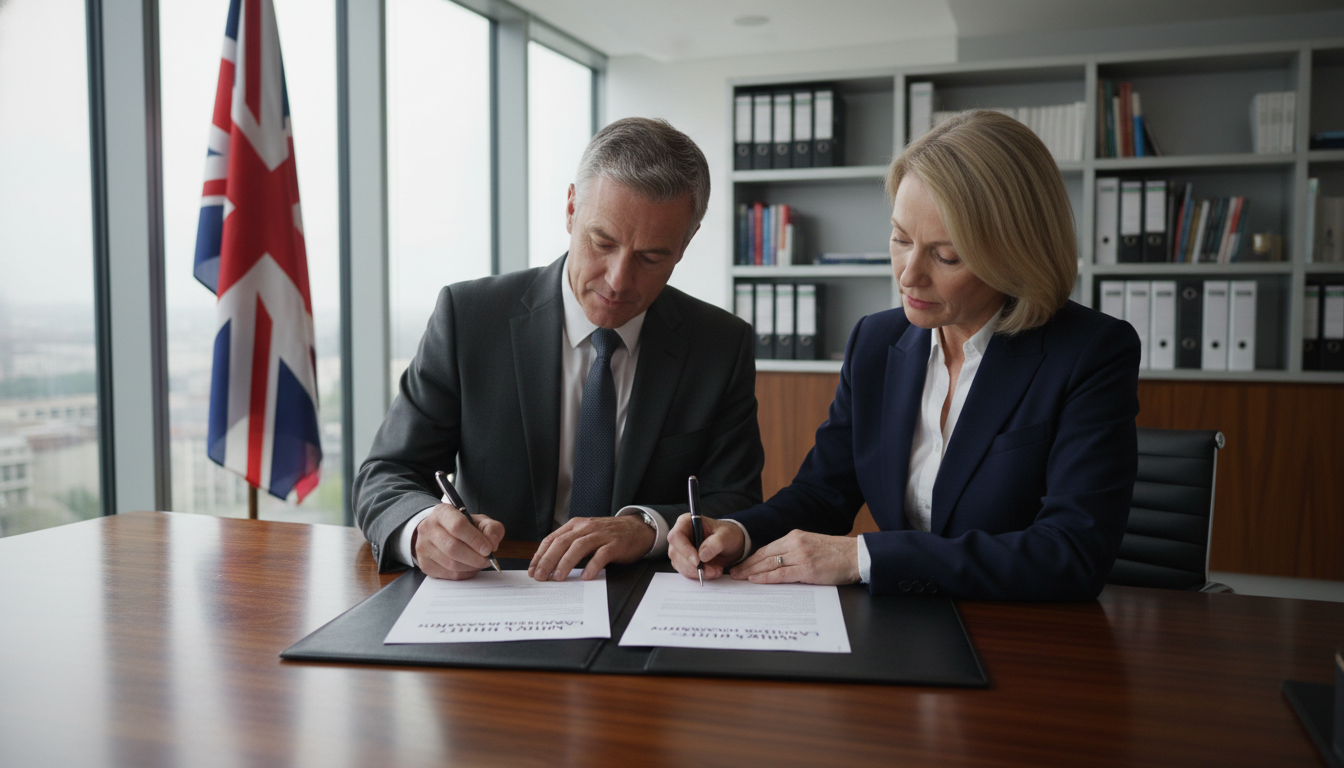 Business professionals signing LLP agreement