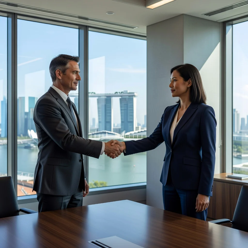 A photorealistic image representing collaboration and partnership in business, showing two professional adults shaking hands across a conference table in a modern Singapore office with city skyline in the background, symbolizing shareholders' agreement.