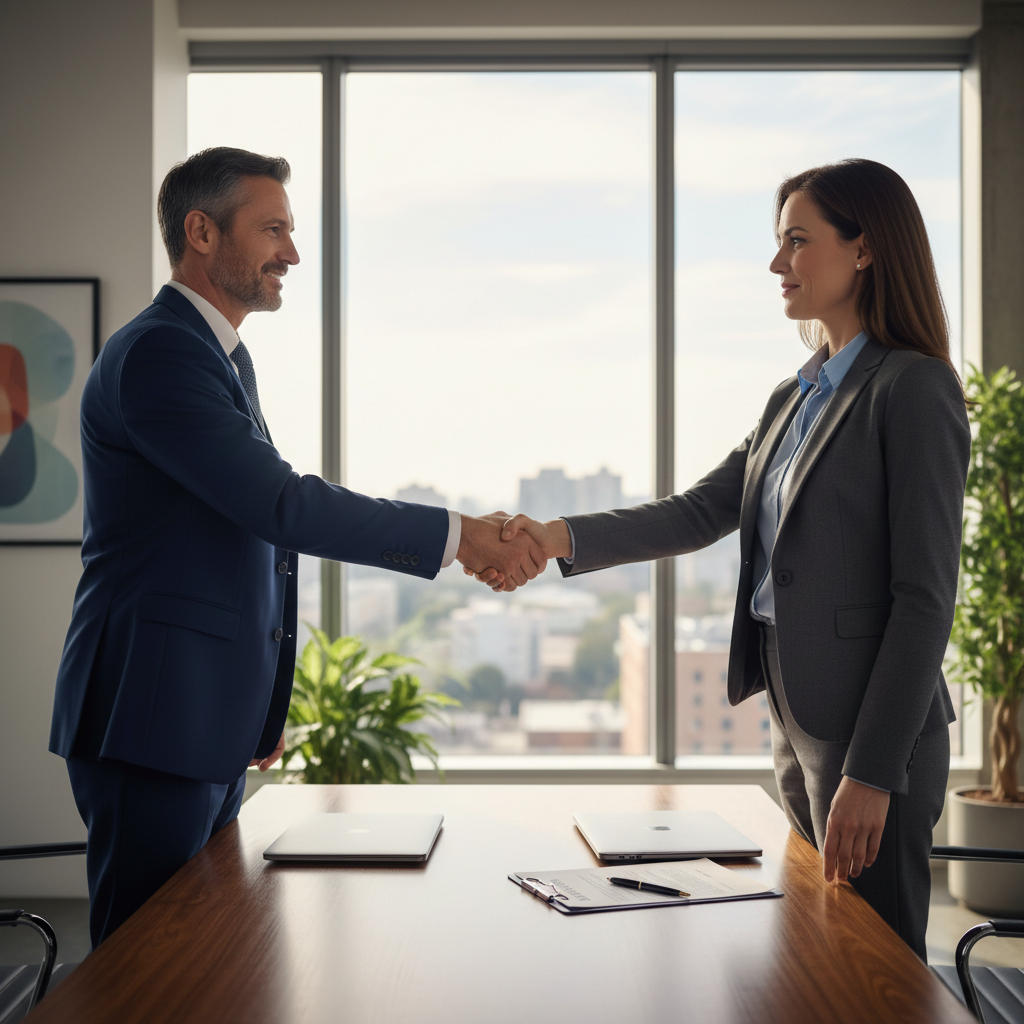 A photorealistic image of two professional adults in a modern office setting, shaking hands over a conference table with city skyline in the background, symbolizing business partnership and agreement, no legal documents visible.