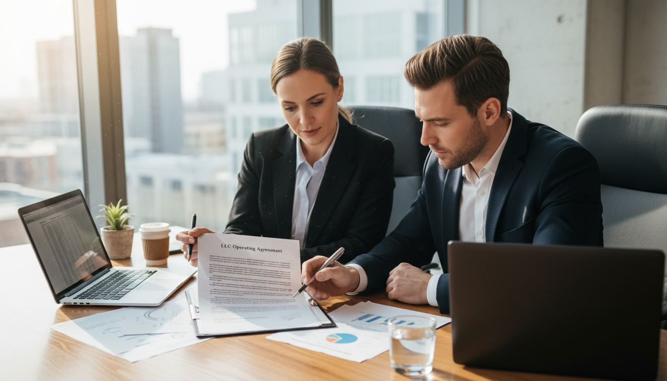 Business professionals reviewing LLC agreement
