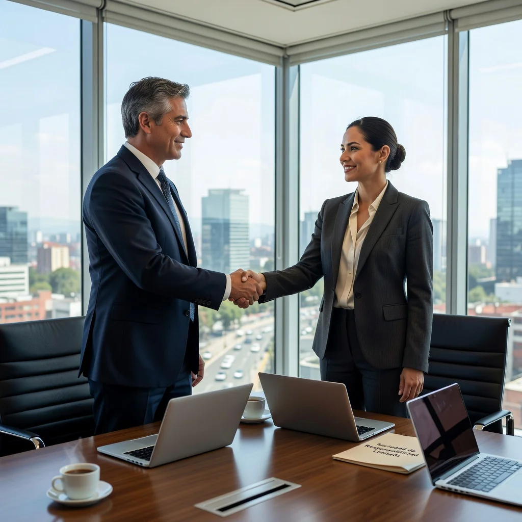 A professional business meeting in a modern Mexican office, with diverse adult entrepreneurs shaking hands over a partnership agreement, symbolizing the formation of a limited liability company, photorealistic style.