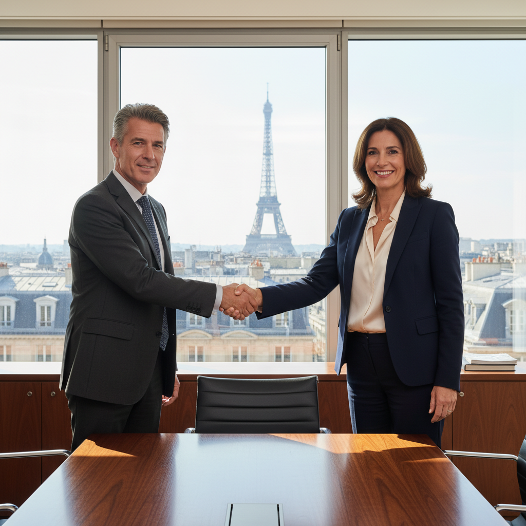 A photorealistic image of two professional adults, a man and a woman in business attire, shaking hands in a modern French office setting with subtle French elements like a window view of the Eiffel Tower in the background, symbolizing partnership and business agreement in France.
