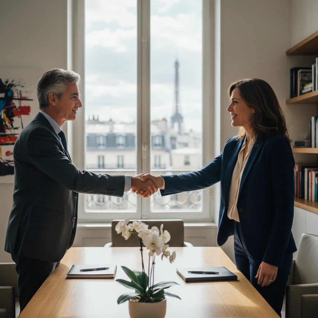 A photorealistic image of two professional adults shaking hands in a modern French office setting, symbolizing a business partnership agreement, with subtle French elements like a flag or Eiffel Tower in the background, evoking trust and collaboration without showing any legal documents.