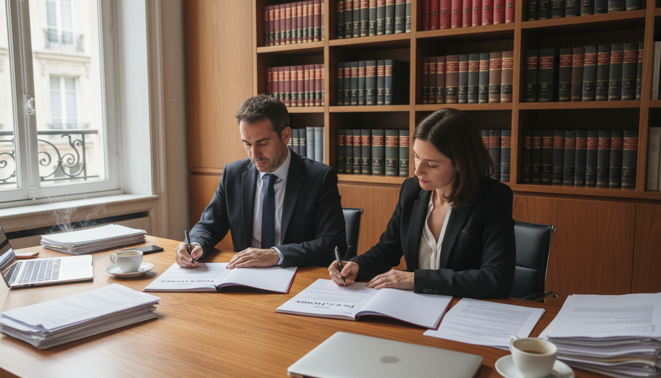 Business partners signing legal pact document