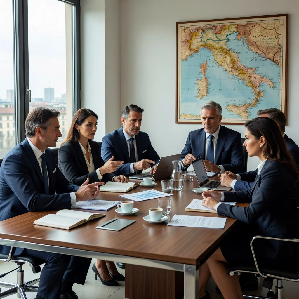 A professional business meeting in an Italian office setting, with adults in suits discussing partnership agreements at a conference table, symbolizing collaboration and business alliances under a shareholders' pact, photorealistic style.