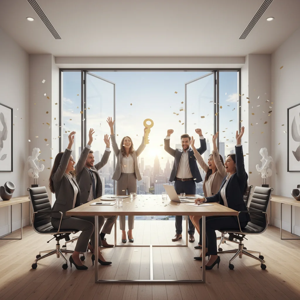 A vibrant illustration of a diverse group of entrepreneurs shaking hands in a modern office space, symbolizing the formation and launch of a new business, with subtle elements like a growing plant or upward arrows representing growth and incorporation.