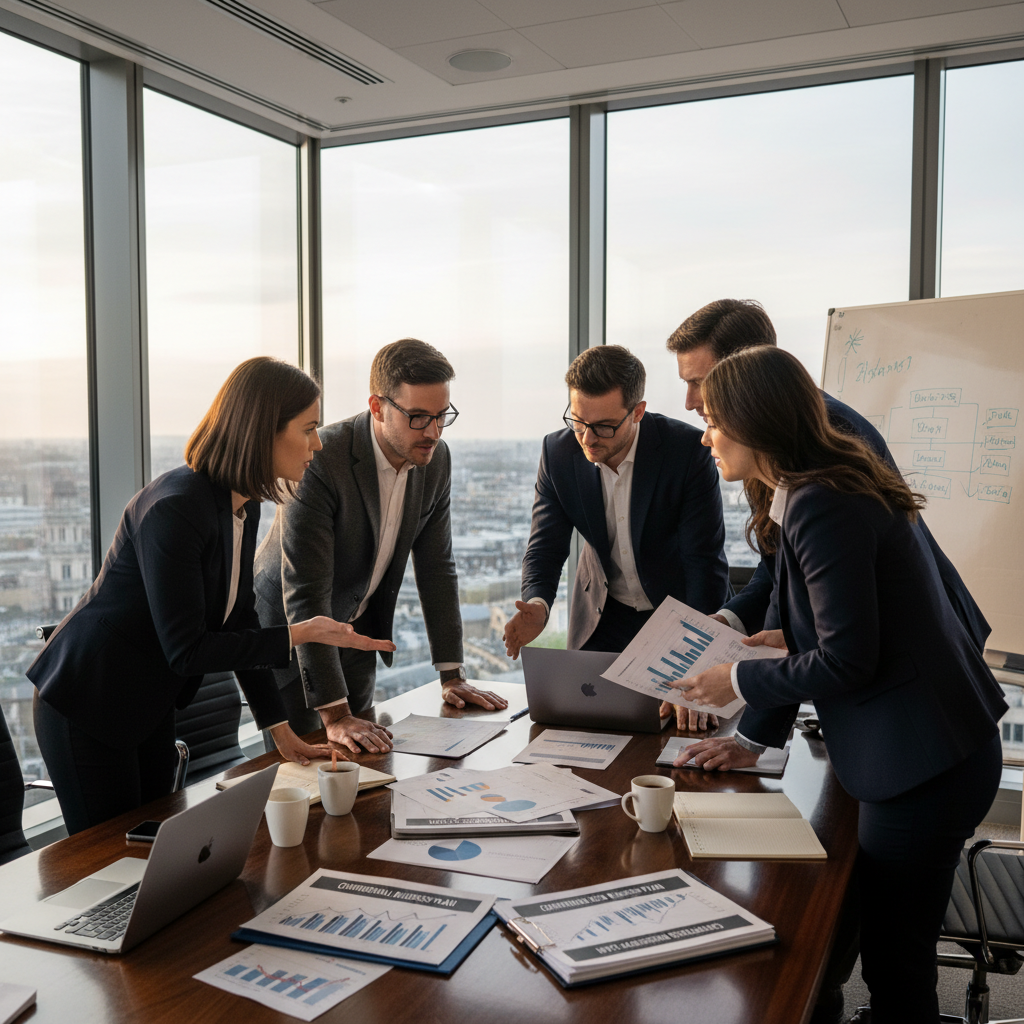 A photorealistic image of a professional business meeting in a modern UK office, where diverse adult professionals are discussing company formation documents around a conference table, symbolizing the establishment and legal foundation of a business as per the Memorandum of Association, with elements like the Union Jack flag subtly in the background to indicate UK context, no children present.