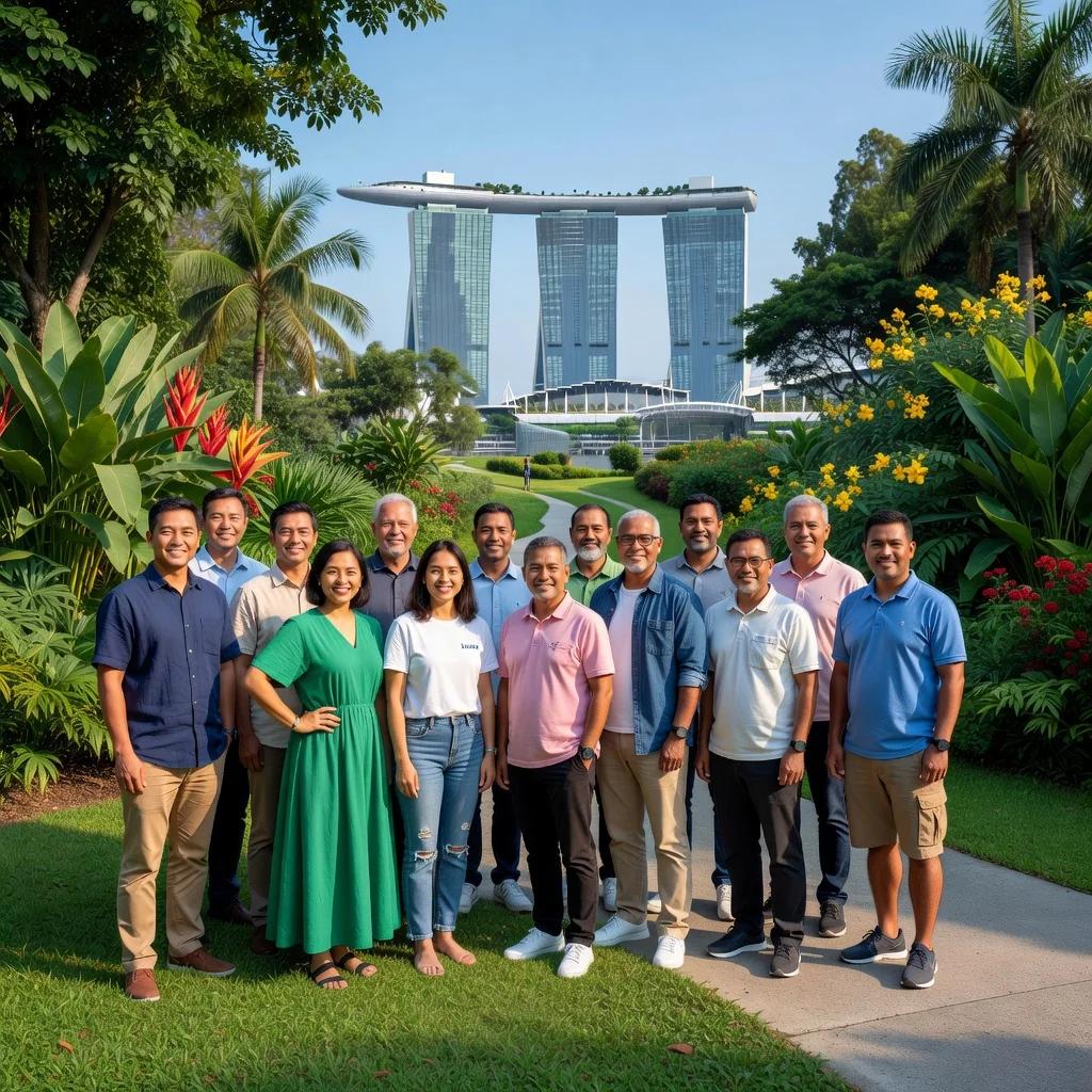 A photorealistic image symbolizing rights and freedoms under the Singapore Constitution, featuring a diverse group of adults standing together in a public park in Singapore, looking empowered and united, with the city skyline including Marina Bay Sands in the background, conveying a sense of liberty and constitutional protection.