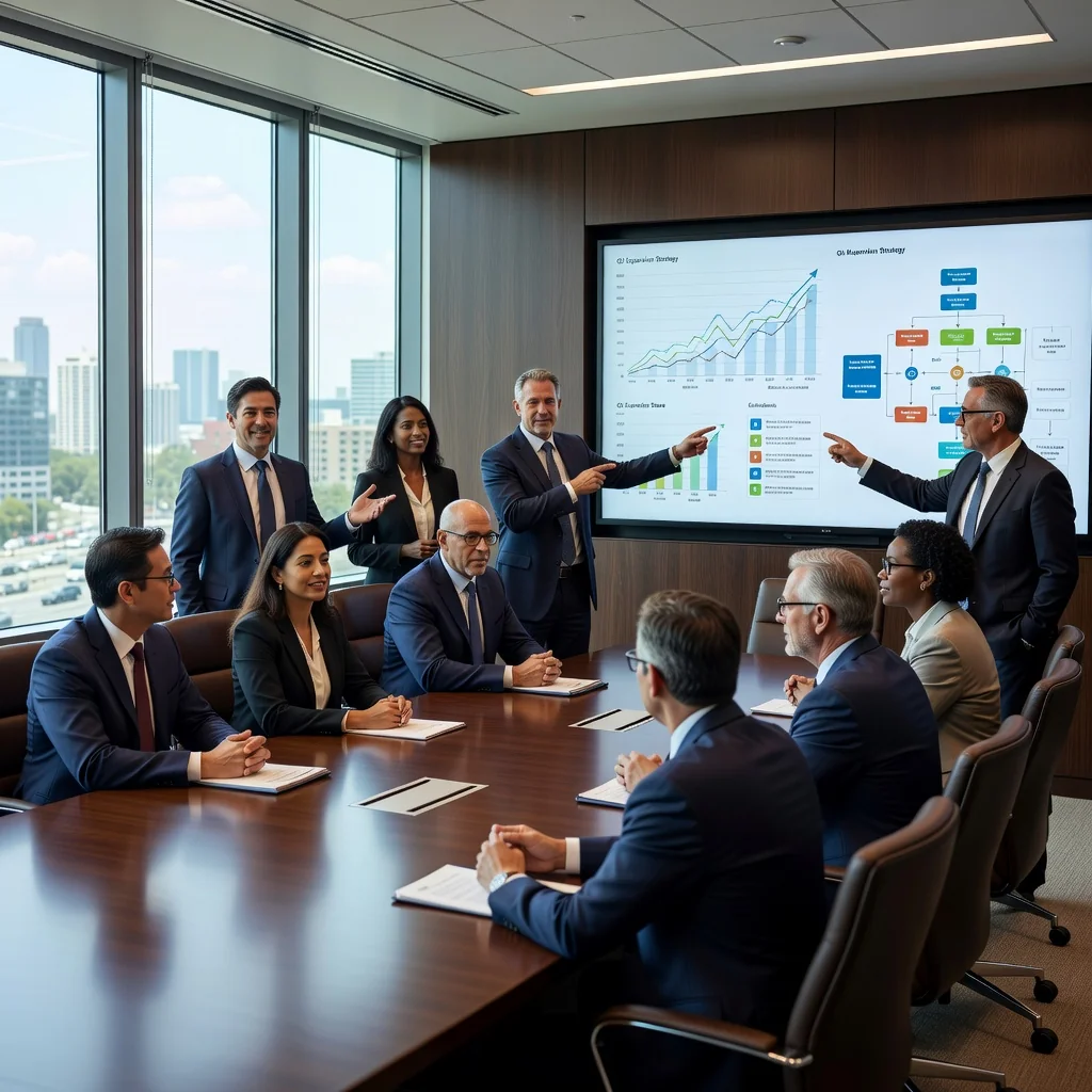 A photorealistic image of a diverse group of professional adults in a modern corporate boardroom, engaged in a collaborative business meeting, symbolizing effective corporate governance and strategic optimization. The scene includes executives discussing charts on a digital screen, with handshakes and nods of agreement, conveying trust, leadership, and organizational structure without any focus on documents.