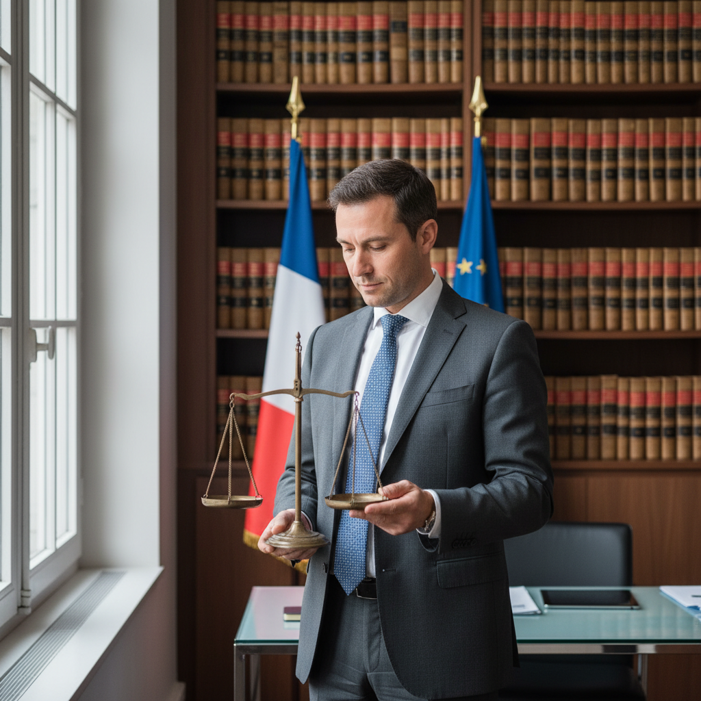 A photorealistic image symbolizing the concept of legal status in French law, featuring an adult professional in a modern French office setting, reviewing important documents with a sense of authority and compliance, evoking themes of legal recognition and rights without focusing on the document itself.
