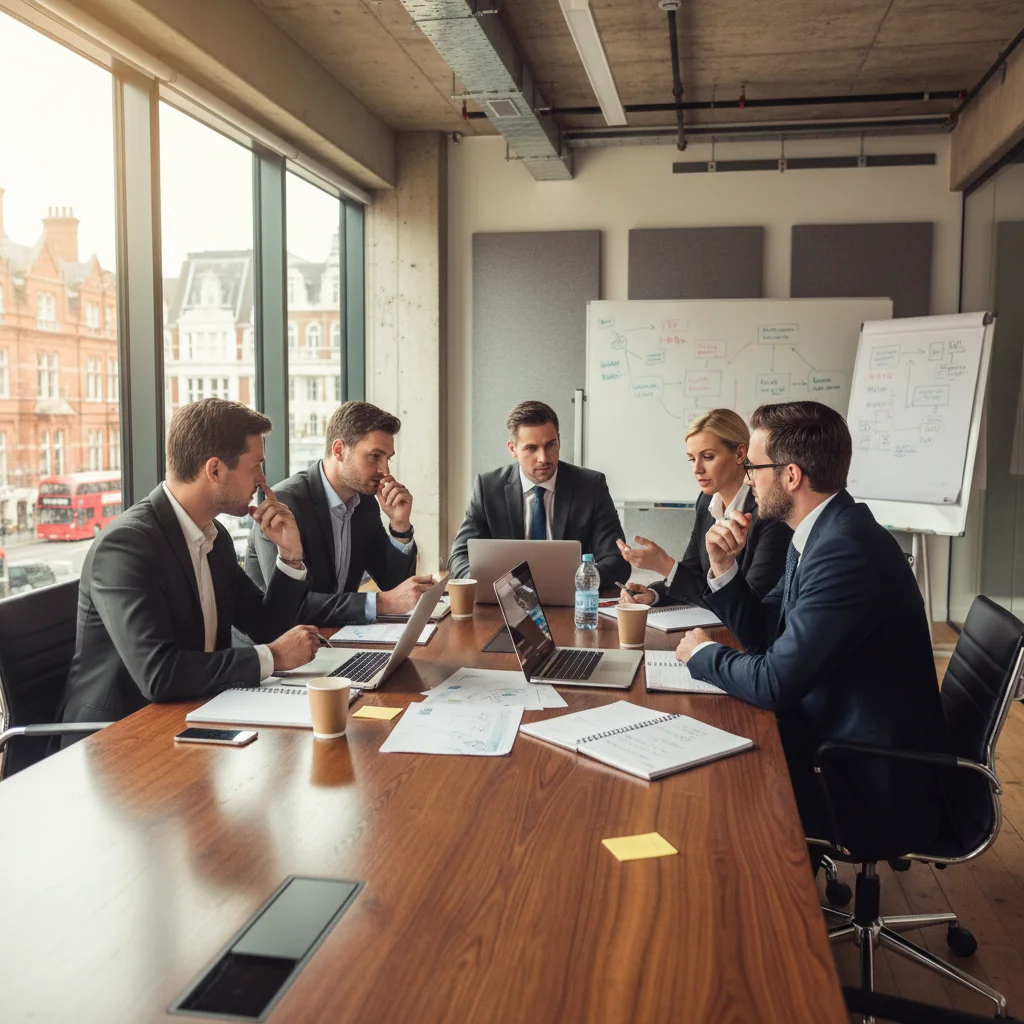 A professional business meeting in a modern UK office, with diverse adults discussing company strategies around a table, symbolizing the establishment and governance of a new company.