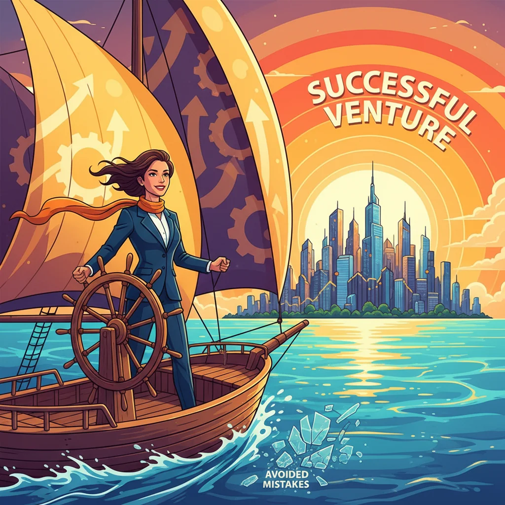 A dynamic illustration of a business professional confidently starting a new venture, symbolizing the successful formation of a company without common pitfalls. The scene features a person standing at the helm of a ship navigating through calm waters towards a bright horizon with emerging city skyline, representing smooth incorporation and growth, in a vibrant and motivational style.