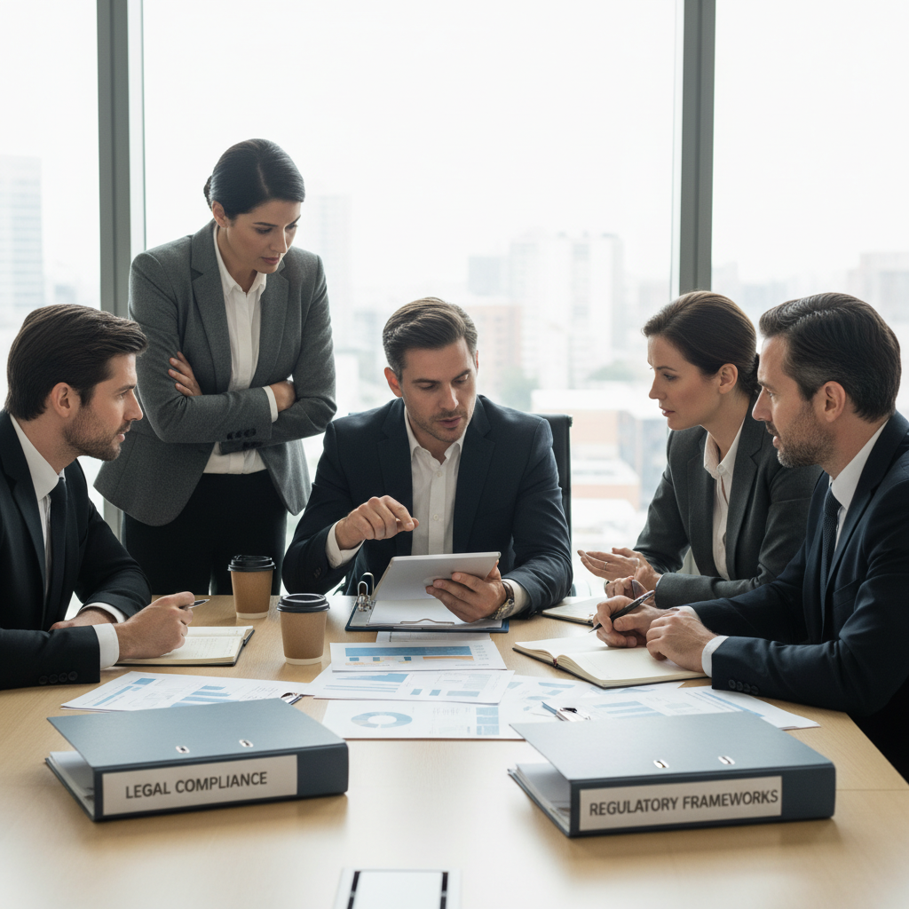 A photorealistic image of a professional business meeting in a modern office, where adults are discussing company policies and legal matters around a table with documents, symbolizing the legal obligations in company statutes. No children are present.
