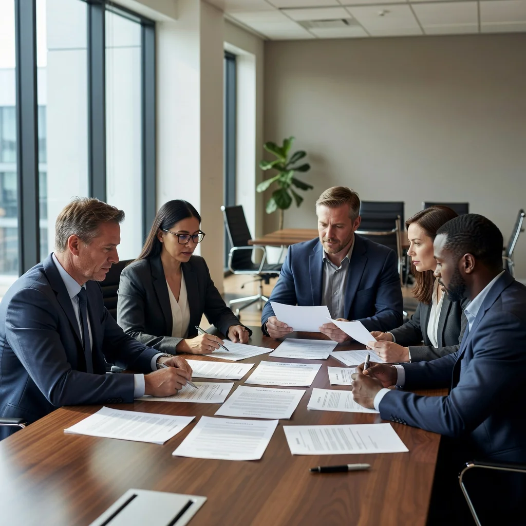 A photorealistic image of a professional business meeting in a modern office, where a diverse group of adults is collaboratively reviewing and discussing foundational company documents on a table, symbolizing the careful avoidance of errors in establishing a business entity, with no children present.