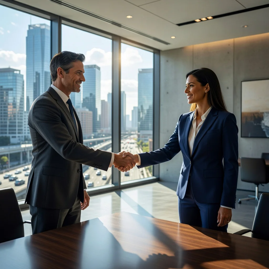 A photorealistic image of two professional adults shaking hands in a modern office setting, symbolizing the formation of a business partnership or company, with a city skyline visible through large windows in the background, conveying success and collaboration.