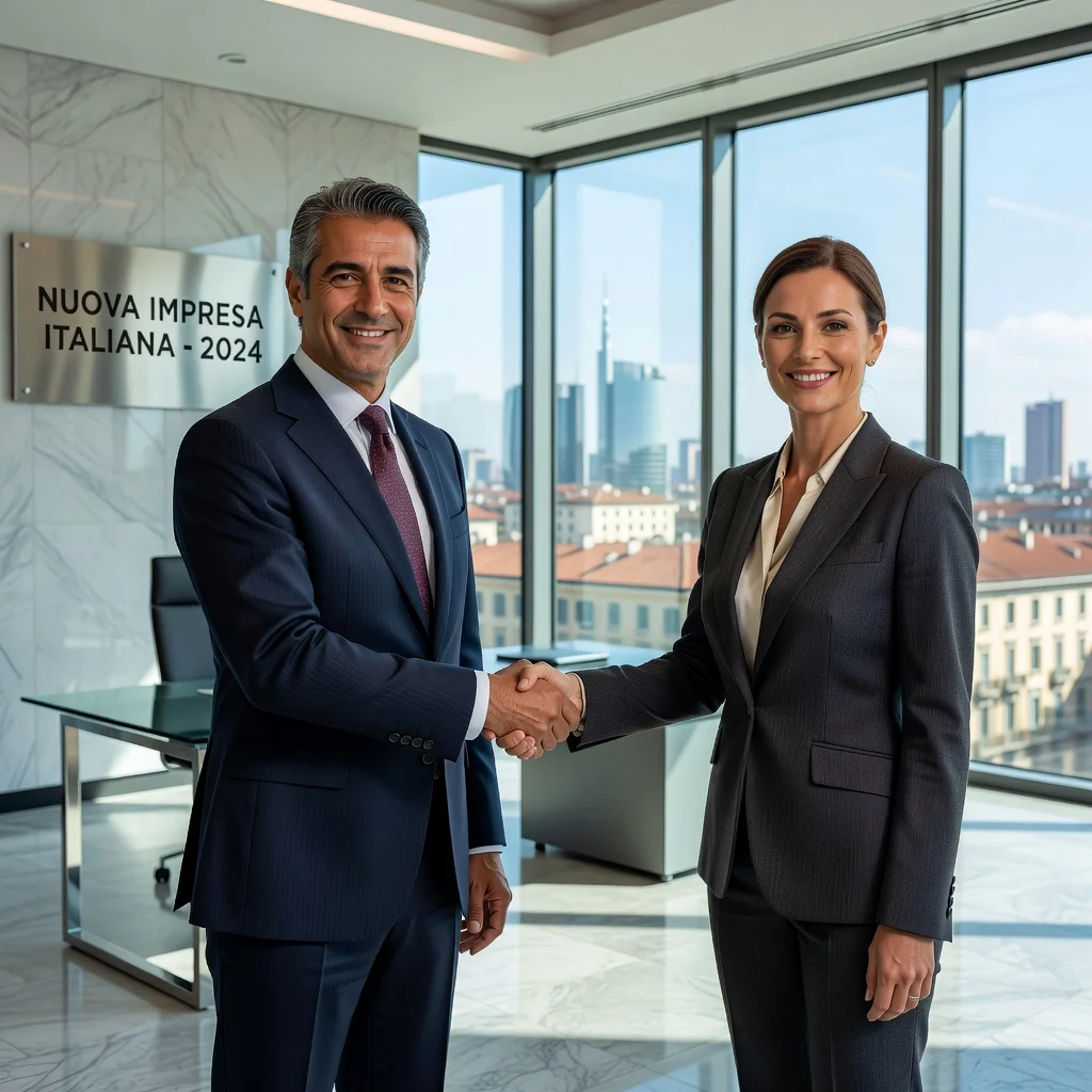 A photorealistic image of a professional Italian entrepreneur in a modern office setting, confidently shaking hands with a business partner across a desk, symbolizing the formation and start of a new business venture, with subtle Italian elements like a flag or map in the background, conveying trust, partnership, and entrepreneurial spirit. No children or legal documents visible.