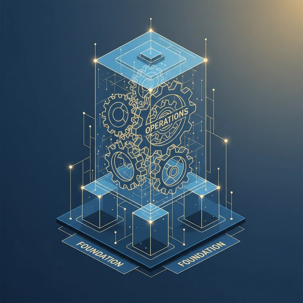 A symbolic illustration representing the foundational structure of a business organization, featuring a blueprint or architectural model of a corporate building with layered components, evoking the establishment and internal governance of a company without showing actual legal documents.
