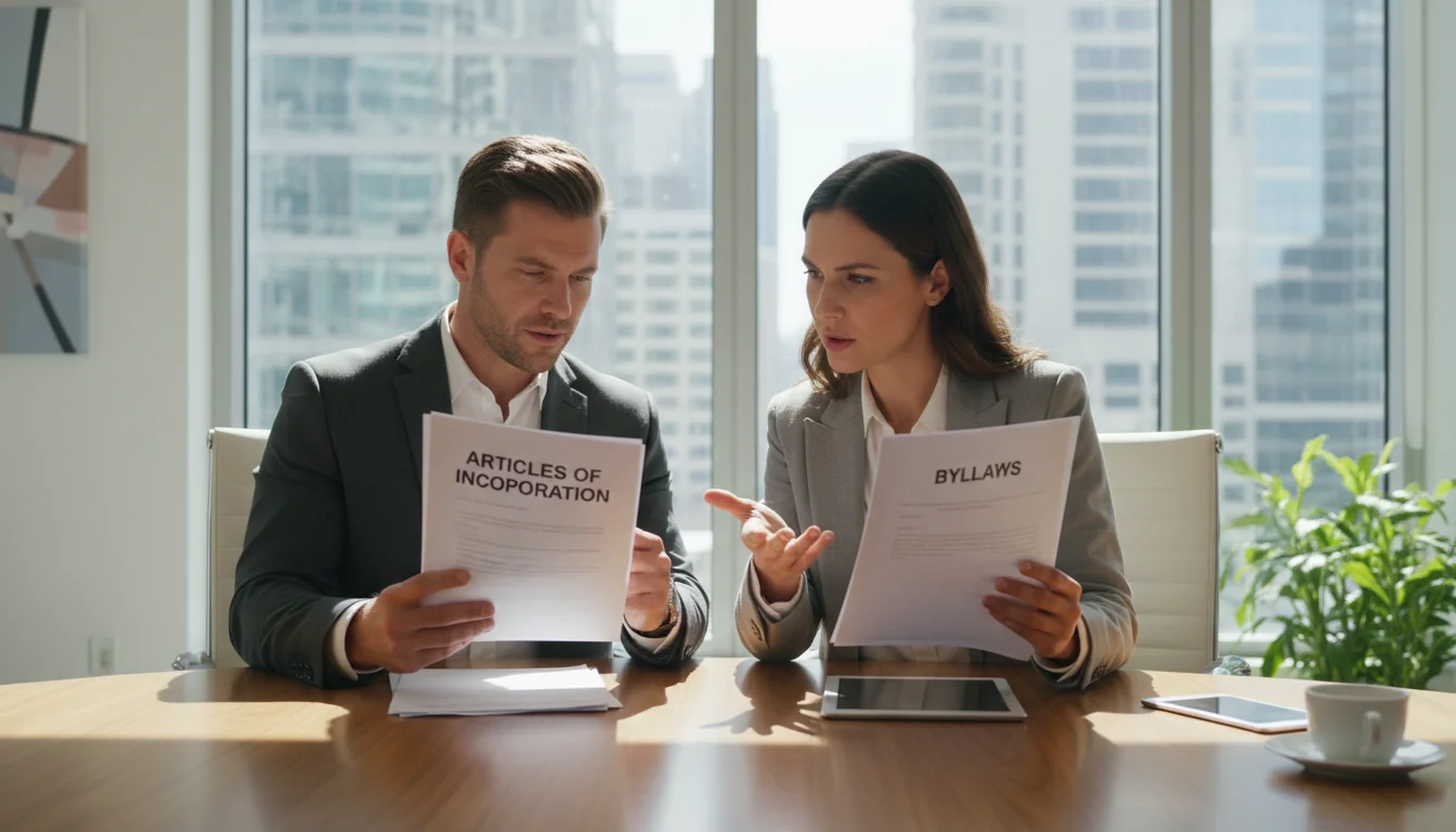 Business professionals comparing documents.